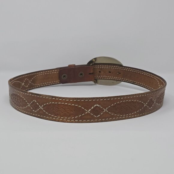Triple K Tooled Leather Belt with German Silver and Turquoise Western Buckle 34 - Picture 5 of 13
